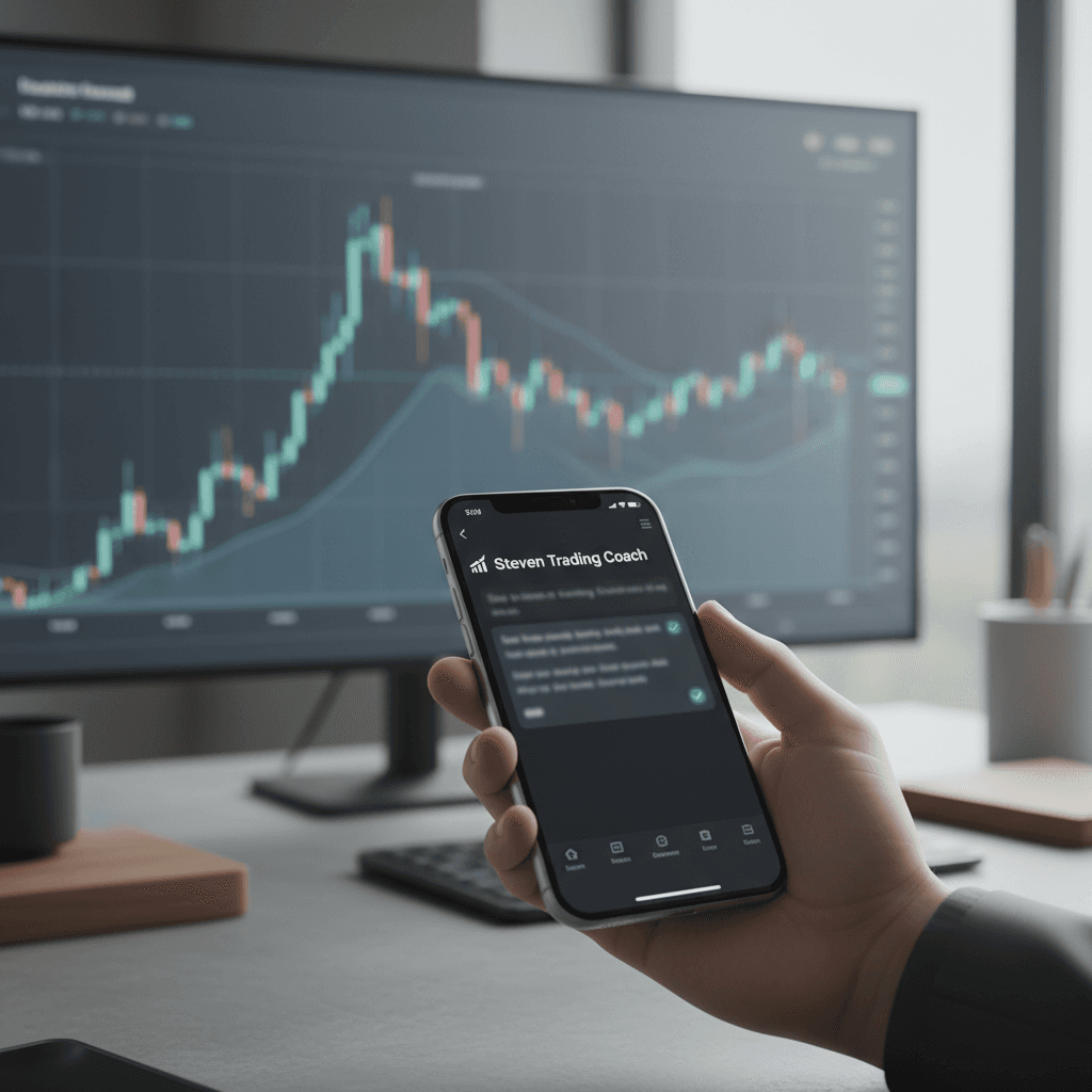 Overhead view of trading journal and Telegram coaching guidance emphasizing disciplined approach