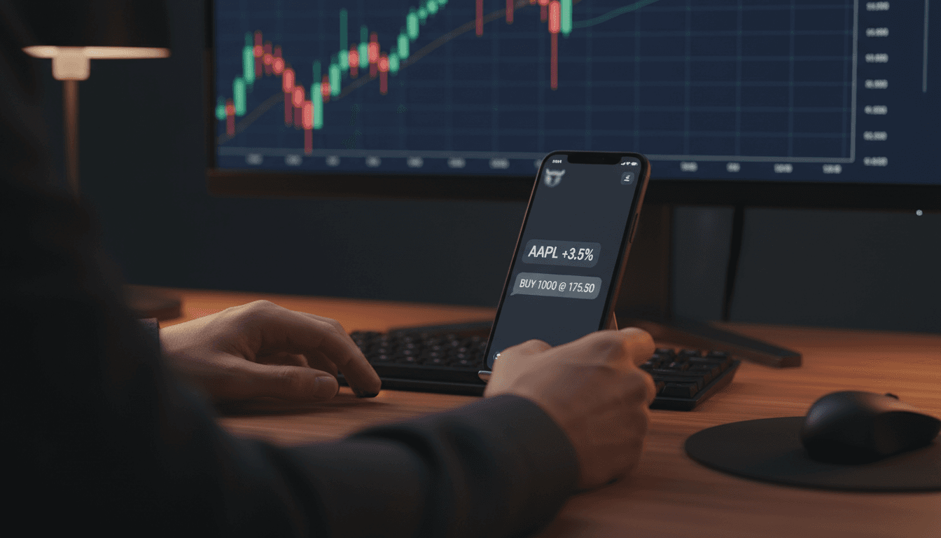 Trader's hands at desk with phone showing messaging interface