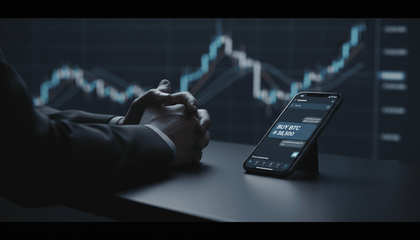 Trader's hands near phone displaying Telegram messaging interface in a calm, professional trading workspace
